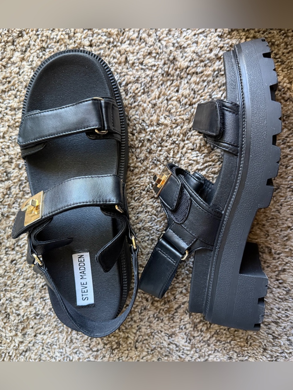 Steve Madden Black Chunky Platform Sandals with Gold Hardware